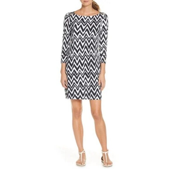 Lilly Pulitzer Sophie Upf 50+ Shift Dress Onyx Get Your Chev On Black White M - Picture 1 of 9